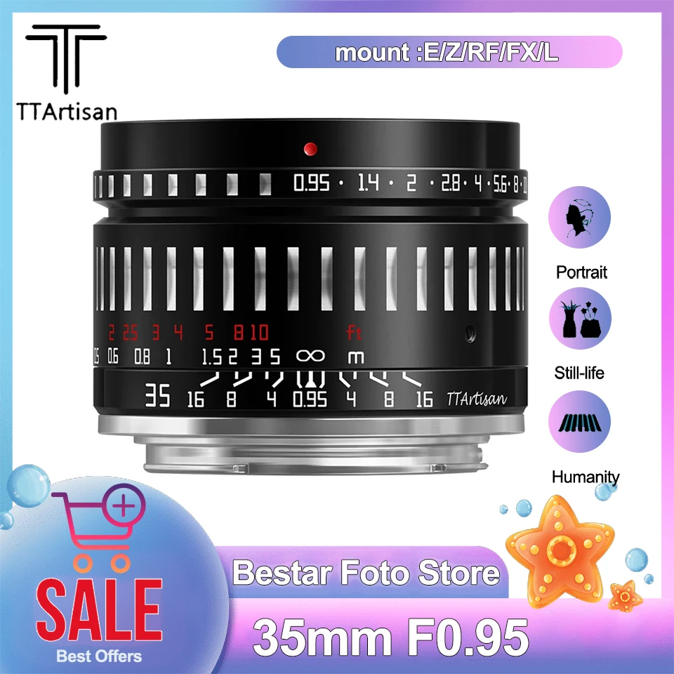 TTArtisan 35mm F0.95 Dream Bokeh Super Large Aperture Portrait Lens Compatible with Sony A7 Canon R7  M5 Nikon Z50 Fuji X-A10