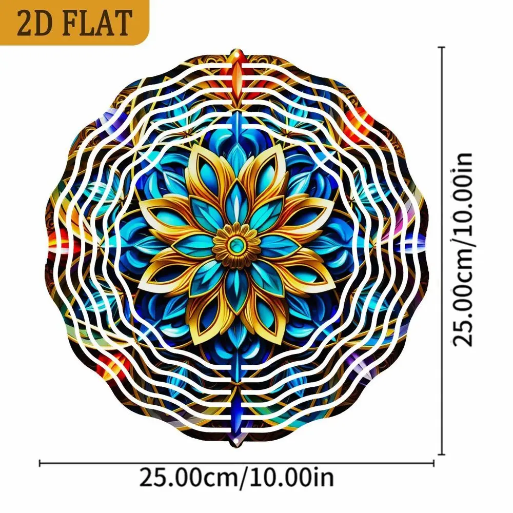 3D Blue Gold Floral Mandala Wind Spinner - 10 Inch Iron Hanging Decor with 360 Swivel for Garden Patio Outdoor Kinetic Art Gift