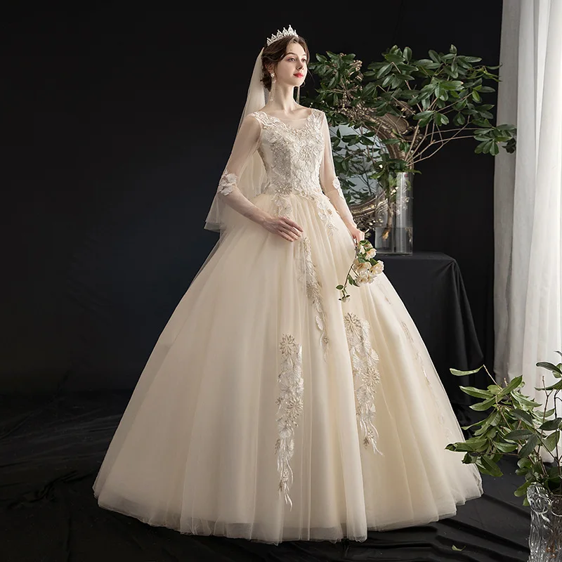 

Long Sleeves Wedding Dress 2022 Ball Gown Robe De Mariee Appliques Lace Beading Bride Wedding Gown 100% Real vestidos