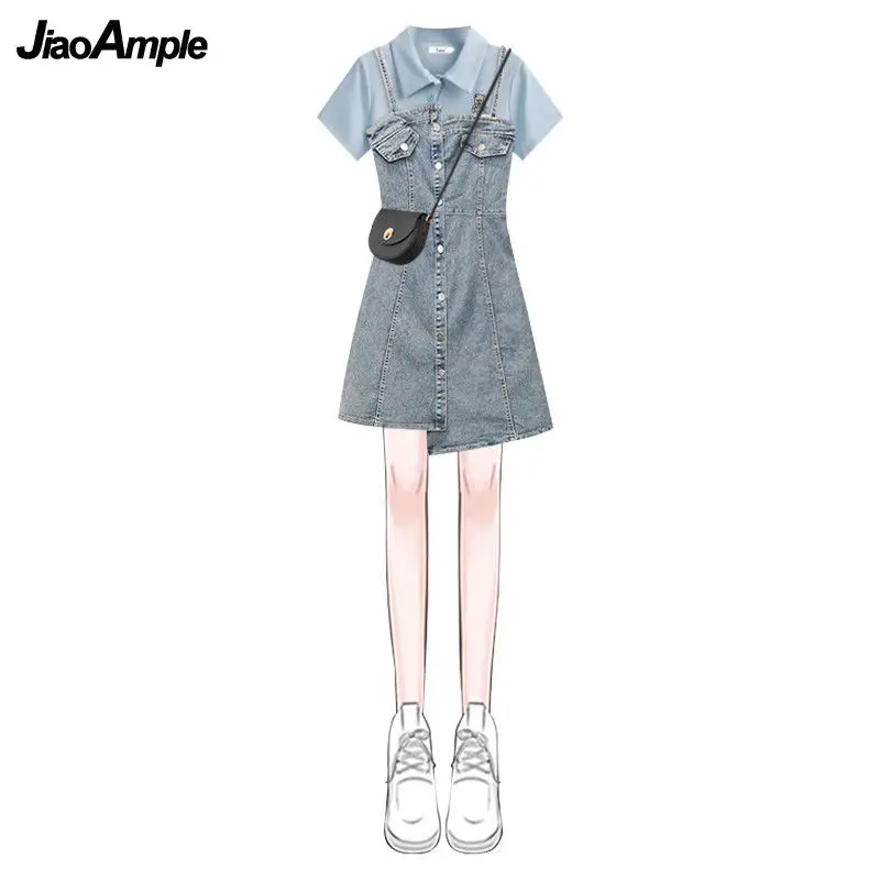 Women\'s Summer Dress Matching Set 2024 New Fashion Short Top+Denim Strap Skirt Two Piece Korean Elegant Short-Sleeve Blouse Suit