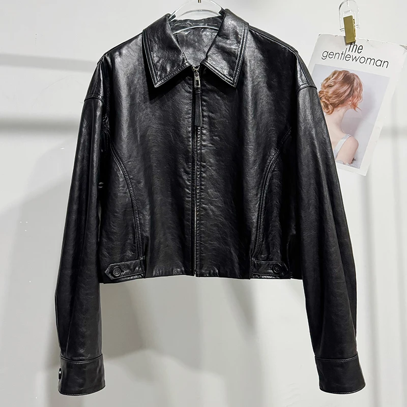 秋冬ショート本革ジャケット輸入オイルワックスシープスキンファッションチャケータムヘールブラック/ブラウンルーズカジュアルトップコート