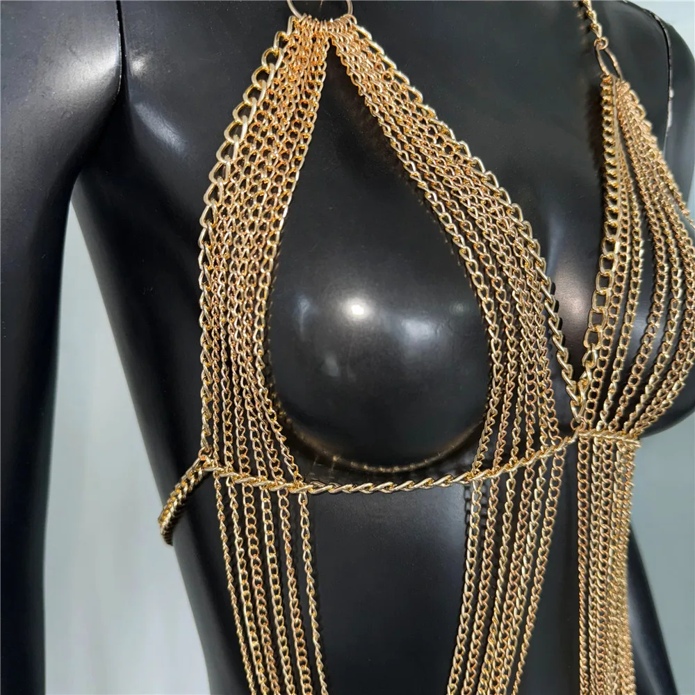 เสื้อครอปสายเดี่ยวซีทรูโชว์หลังเซ็กซี่ประดับโซ่โลหะและพู่สำหรับผู้หญิง เหมาะสำหรับงานเทศกาลดนตรีและงานเรฟ