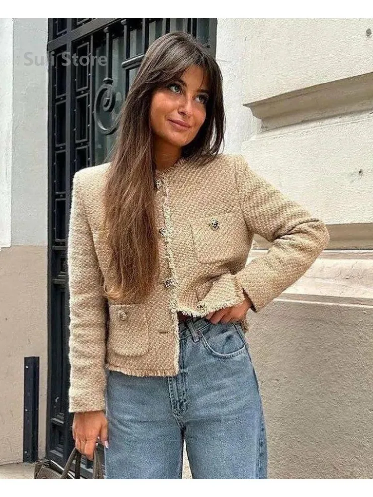 معطف سترة نسائي أنيق من التويد ملابس نسائية ملابس خارجية صوفية بأكمام طويلة وزر أمامي ملابس خارجية نسائية أنيقة
