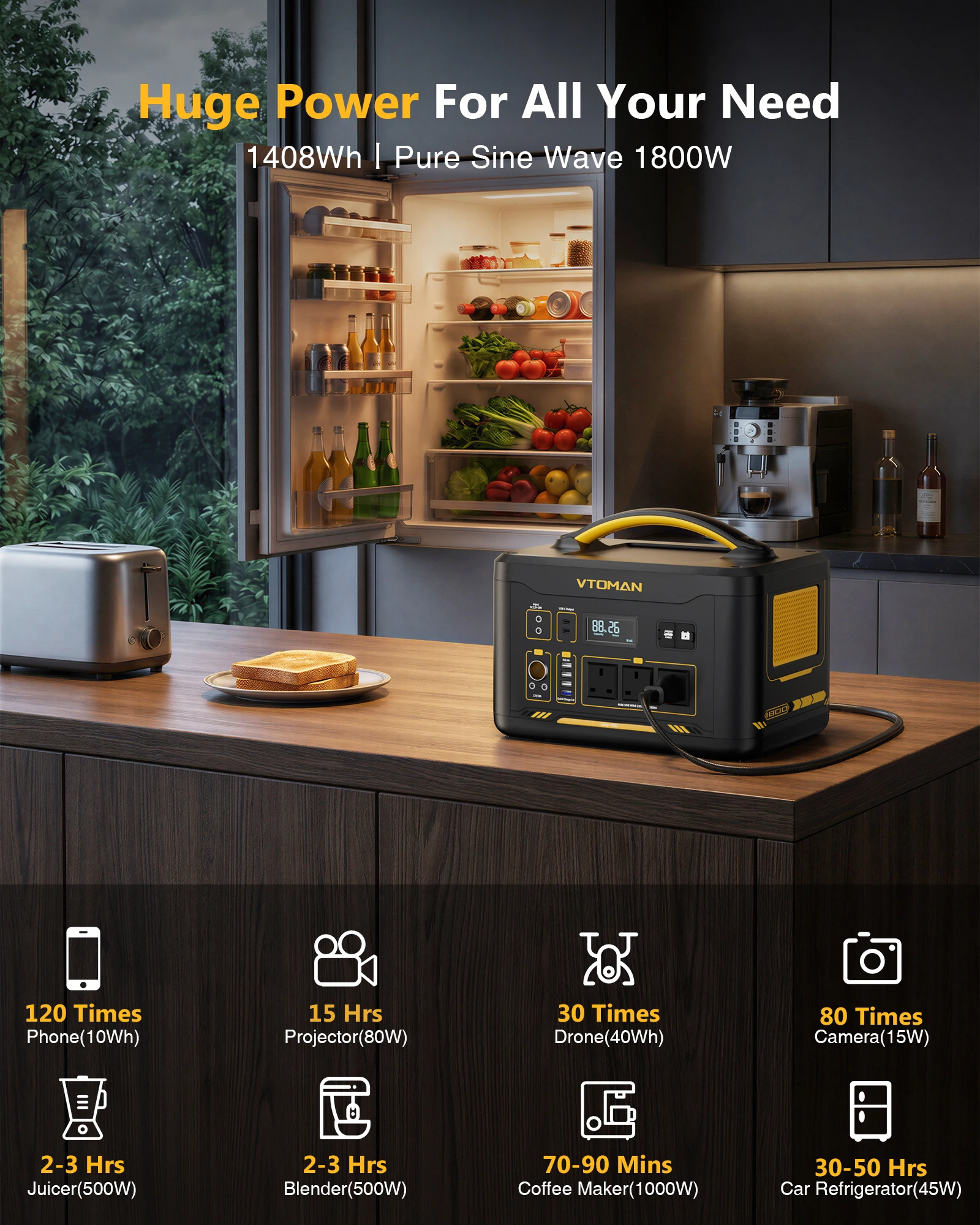 VTOMAN JUMP 1800 Portable Power Station 1408Wh LiFePO4 Battery 1800W High Peak Output Emergency Power Supply for Outdoor Camping Home Use