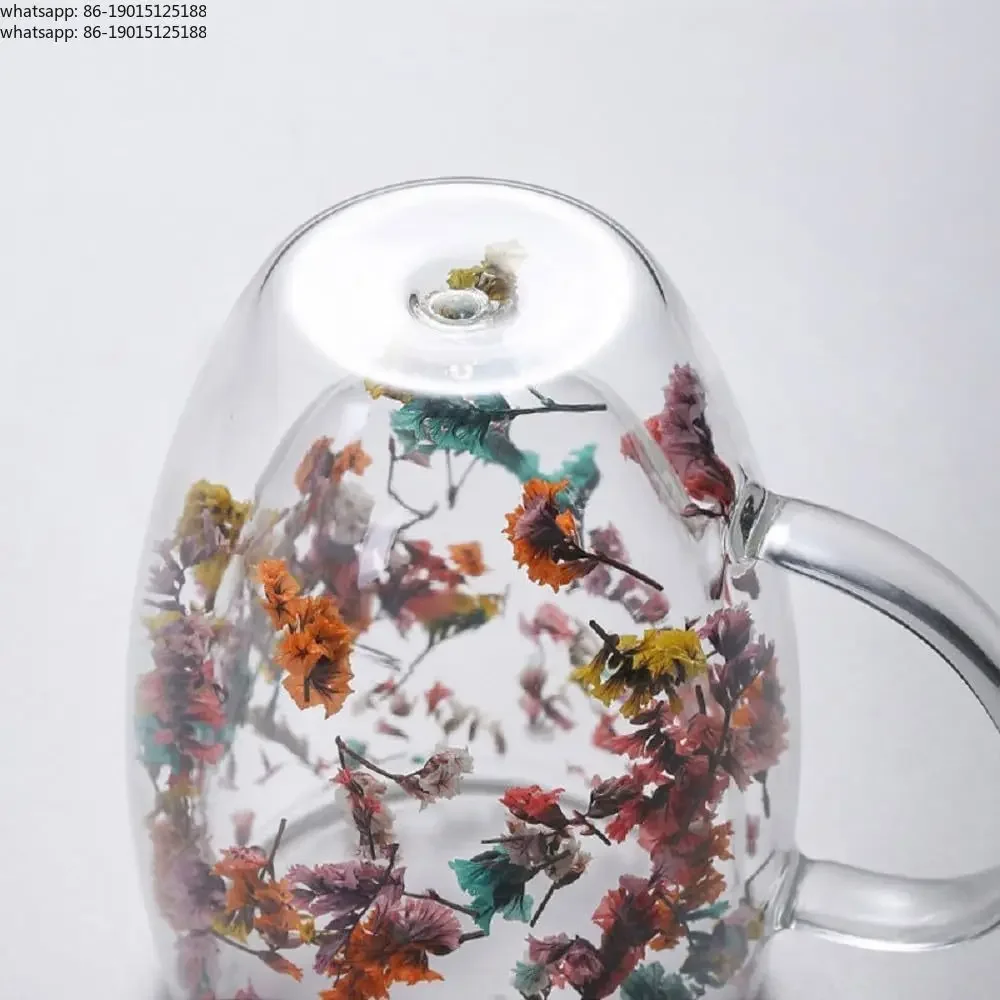 300ML Double-Wall Flower Glass Coffee Mug High Borosilicate Transparent Tea Milk Drinking Cup with Dry Flower Design