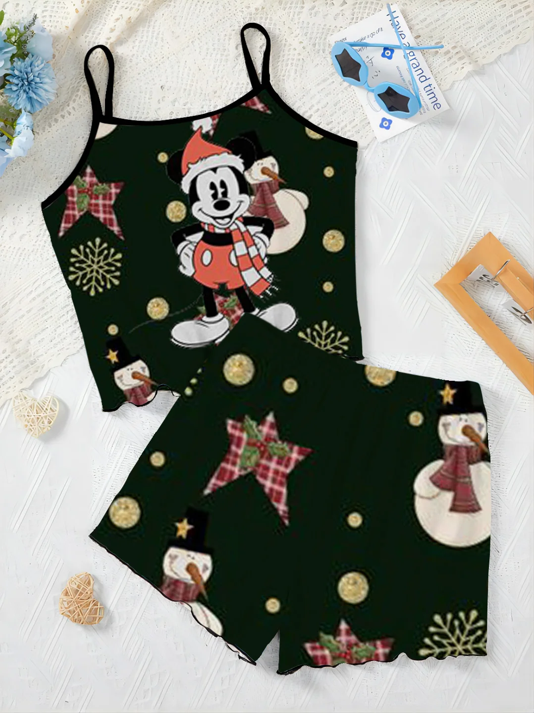 Elegant Women's Sets Home Dress Pajama Skirt Mickey Christmas Top Disney Lettuce Trim T-shirt Minnie Mouse Pieces Short Suit Top