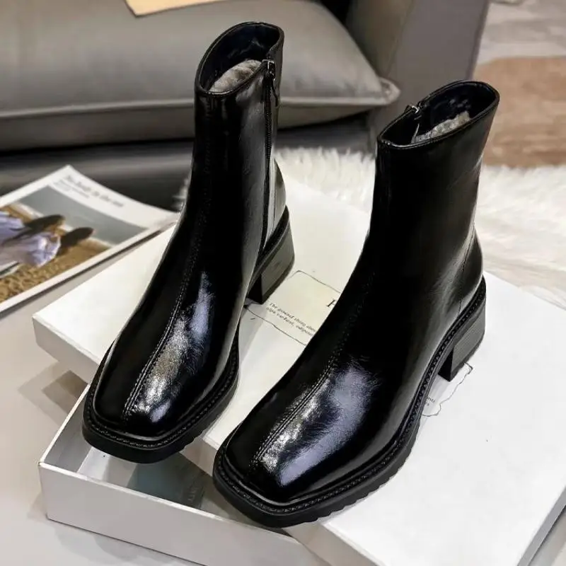 Winter Thick Fleece Short Boots Women 2026 New Square Toe Mid Block Heel Zipper Casual Warm Cotton Booties Black Platform Shoes