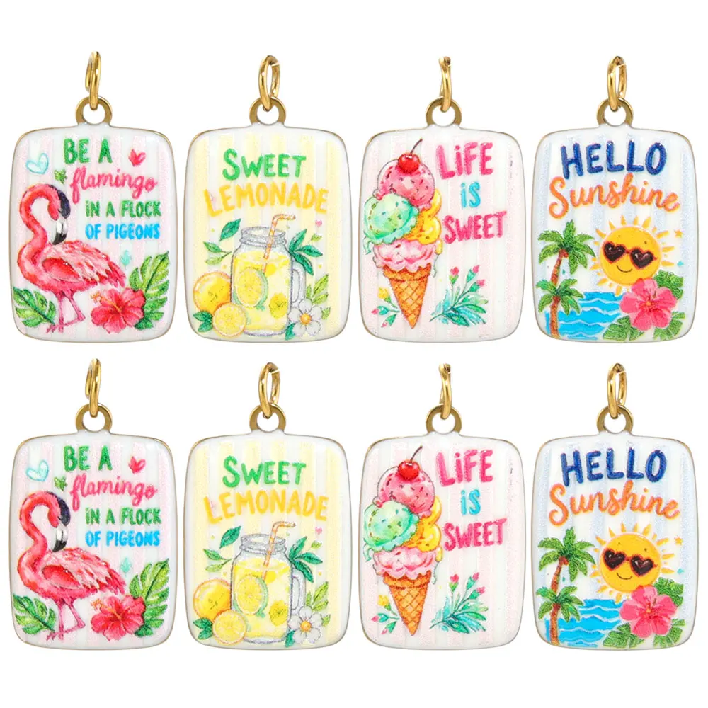 2 Stück Edelstahl-Sonnenflamingo-Anhänger für die Herstellung von Halsketten, Zubehör im Sommerstil, Emaille-Anhänger, DIY-Cartoon-Anhänger. – Detail 2