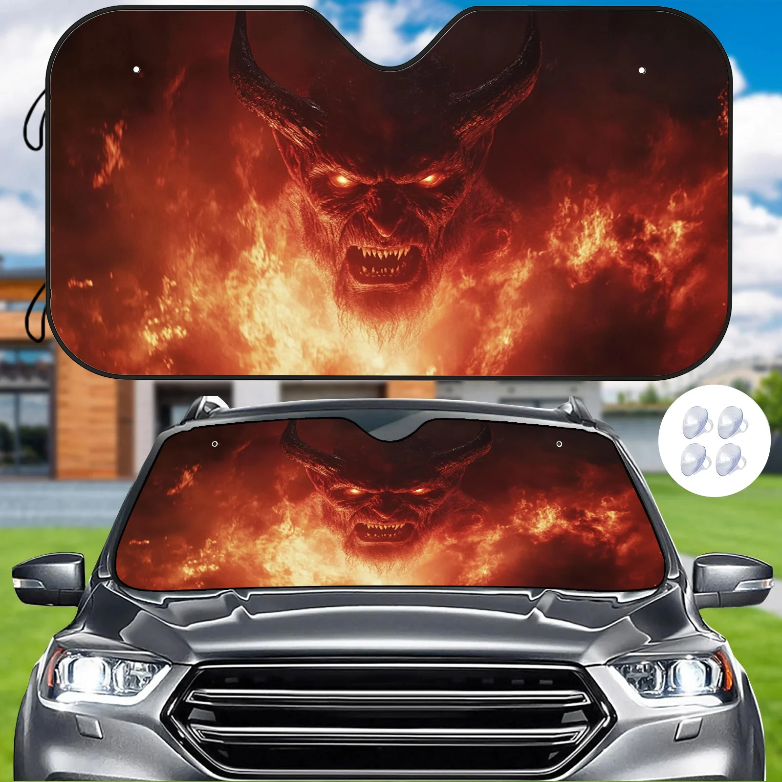 

1 шт. автомобильный солнцезащитный козырек с принтом пылающего дьявола — теплоизоляция и устойчивая к царапинам крышка лобового стекла с регулируемыми ремнями для всех V