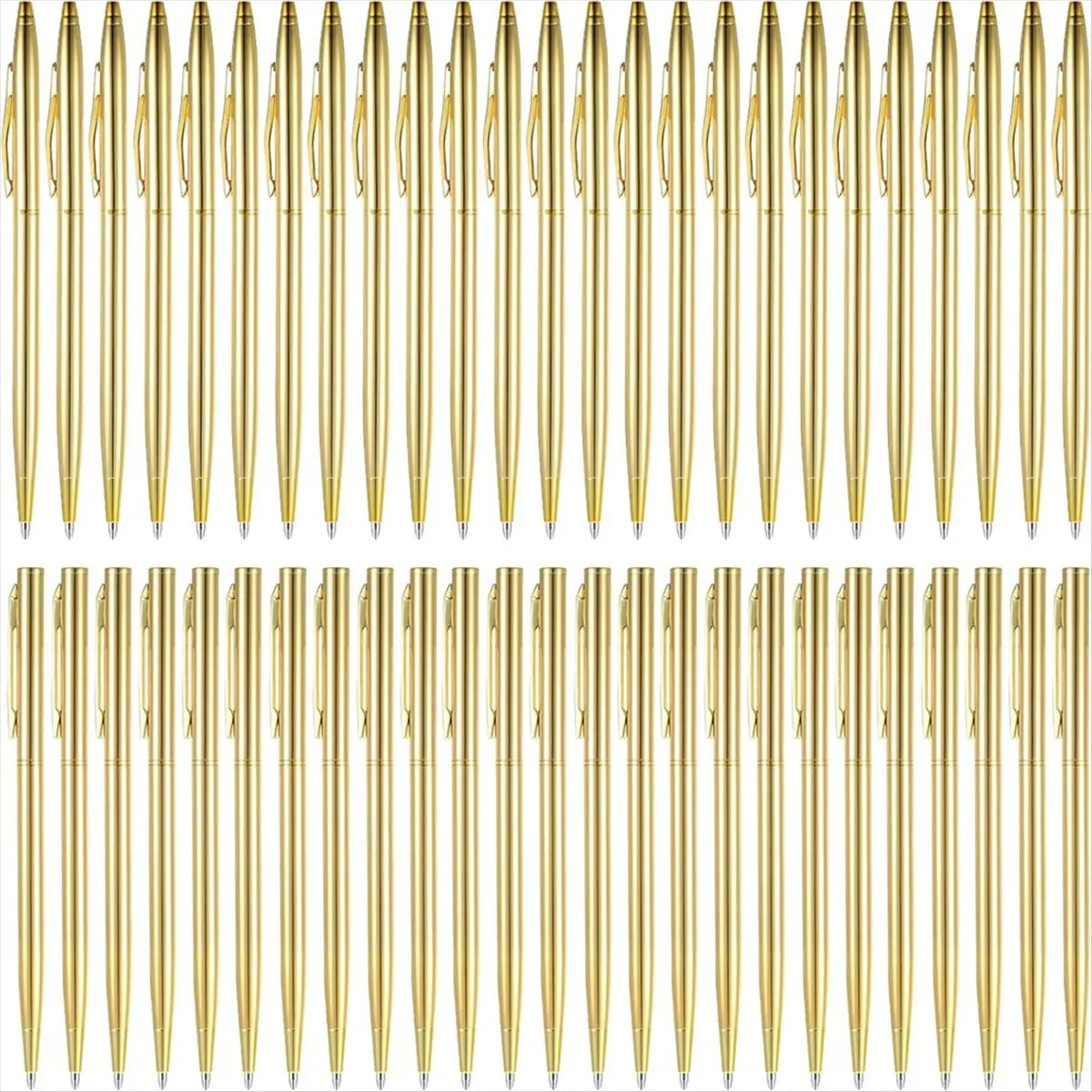 Latest ABBQ-50Pcs Gold Metallic Slim Ballpoint Pens Retractable Black Ink Mini Conical Pens 1.0mm Penpoint Supplies for Wedding