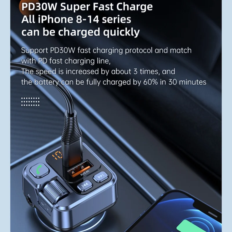 بلوتوث 5.3 FM الارسال شاحن سيارة 30 واط PD USB-C شاحن سريع راديو السيارة مع هيئة التصنيع العسكري للأيدي اللاسلكية مكالمة مجانية مشغل MP3