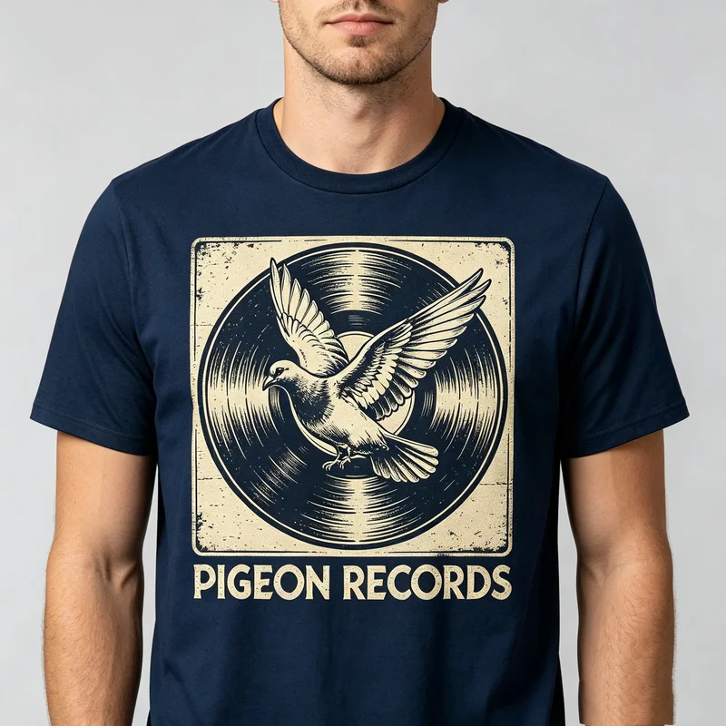 Distressed Pigeon Records Vinyl Bird Print T Shirt Vintage Flying Pigeon Record Logo Graphic Tee Unisex Casual Summer Cotton Top