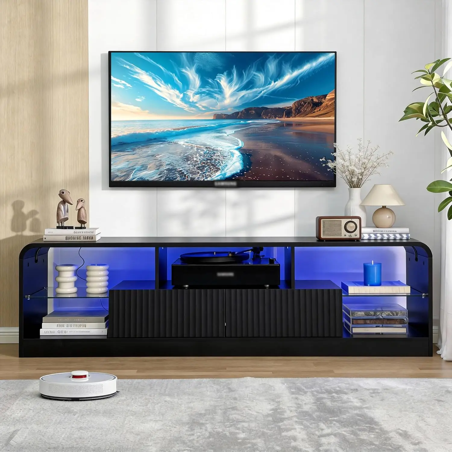 Mid Century TV Stand for 55-75 Inch TVs, Fluted Entertainment Center with LED Lights, 2 Drawers & Glass Shelves, Black, Customiz