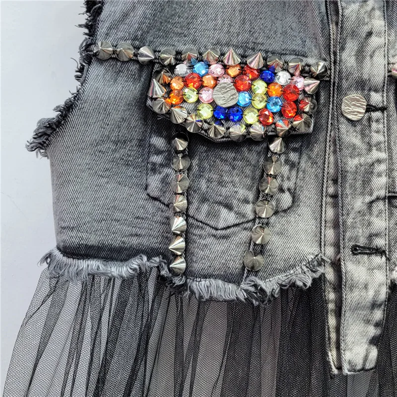 Blue Dark Grey Rivet Diamonds Denim Vest Women Slim Cowboy Waistcoat Mesh Splicing Mid Long Sleeveless Jeans Jacket Coat Female