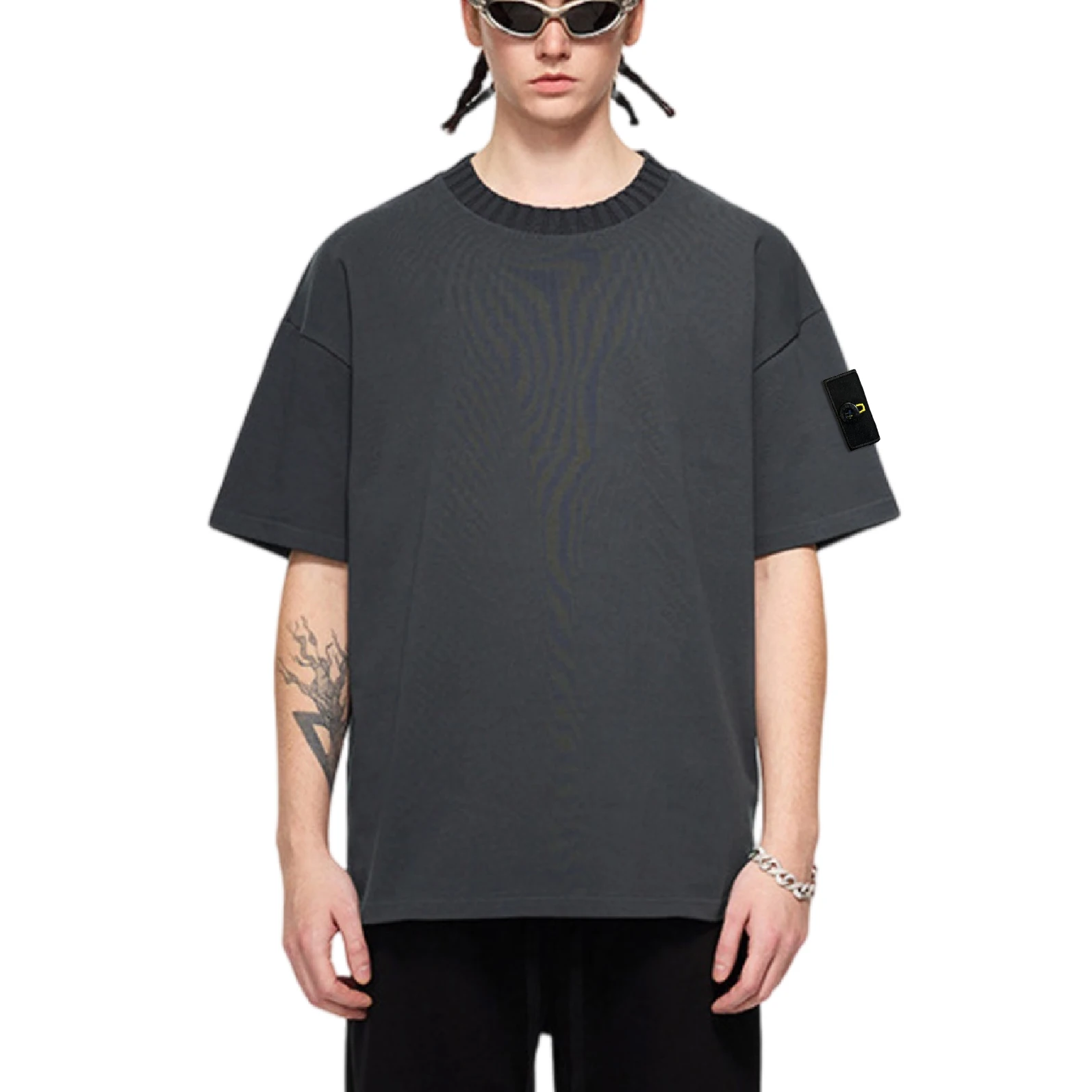 Hochwertiger Kompass-Knopf-Patch, 300 g/m2, hochwertiges, übergroßes, schweres T-Shirt für Herren,