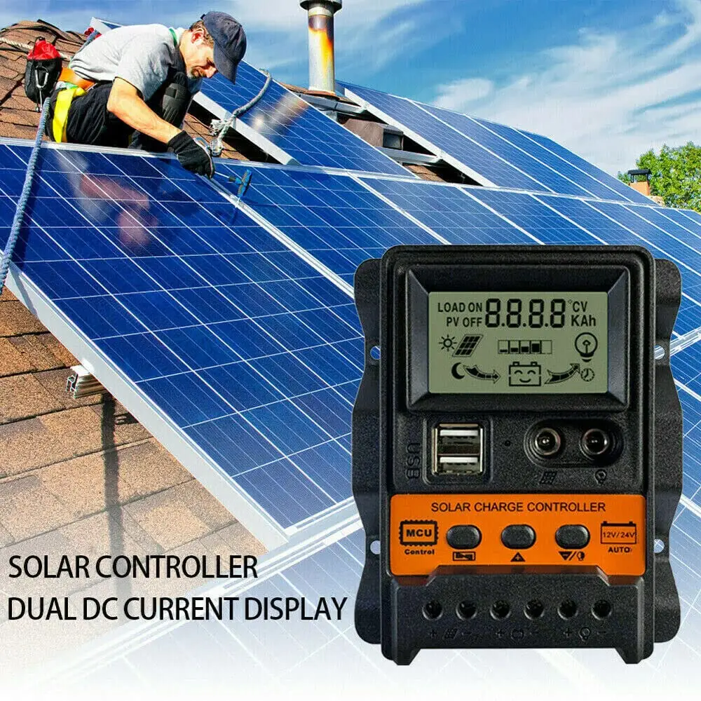 New PWM Solar Controller 30A 20A 10A LCD Display Solar PV Charge Controller 12V 24V Battery Intelligent Regulator Dual USB Tools