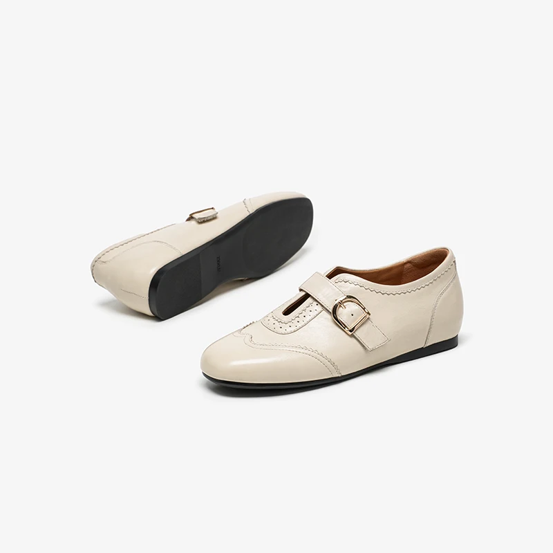 BEAUTODAY Brogue Flats Women Genuine Sheepskin Leather Solid Color Hook & Loop Mary Janes Fashion Ladies Shoes Handmade 24104