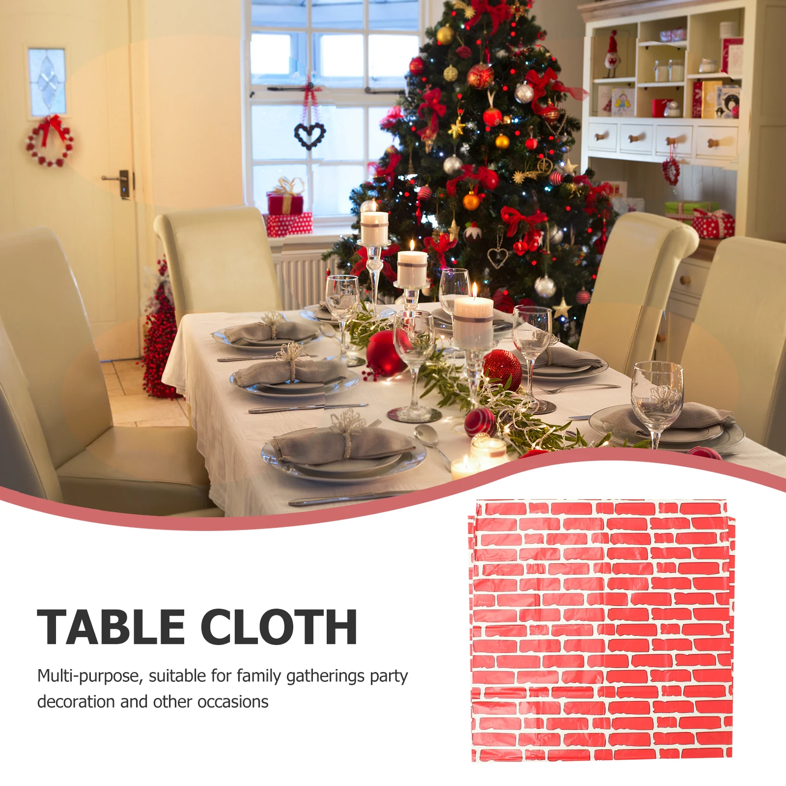 

2pcs Christmas Tablecloth Red Brick Wall Design Flannel Table Cover For Holiday Party Decoration Pe Material Family