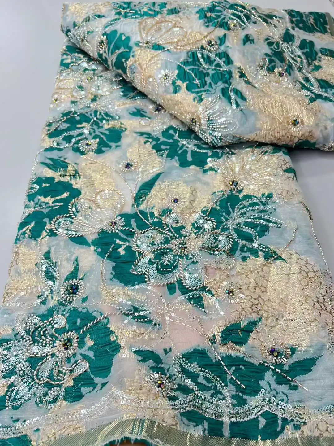 Africano jacquard lantejoulas renda dourada nigeriano brocado contas tecido de renda vestidos de festa à noite para mulheres costura 5 metros sz1712