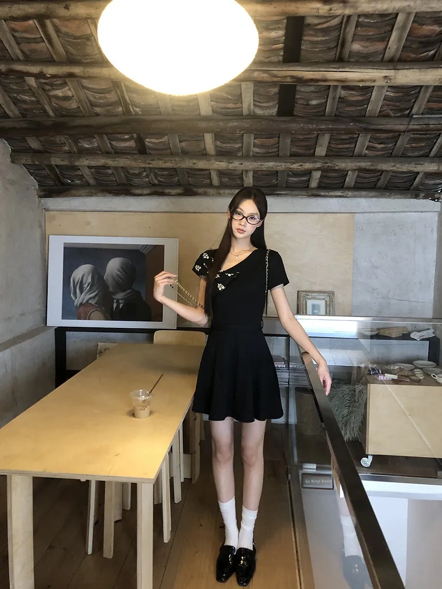 Ele Bla Summer Dr Damen Faionable Waist-Cut Rock High Waist ort Sve Round Ne H-Sle Cotton Blend Dr