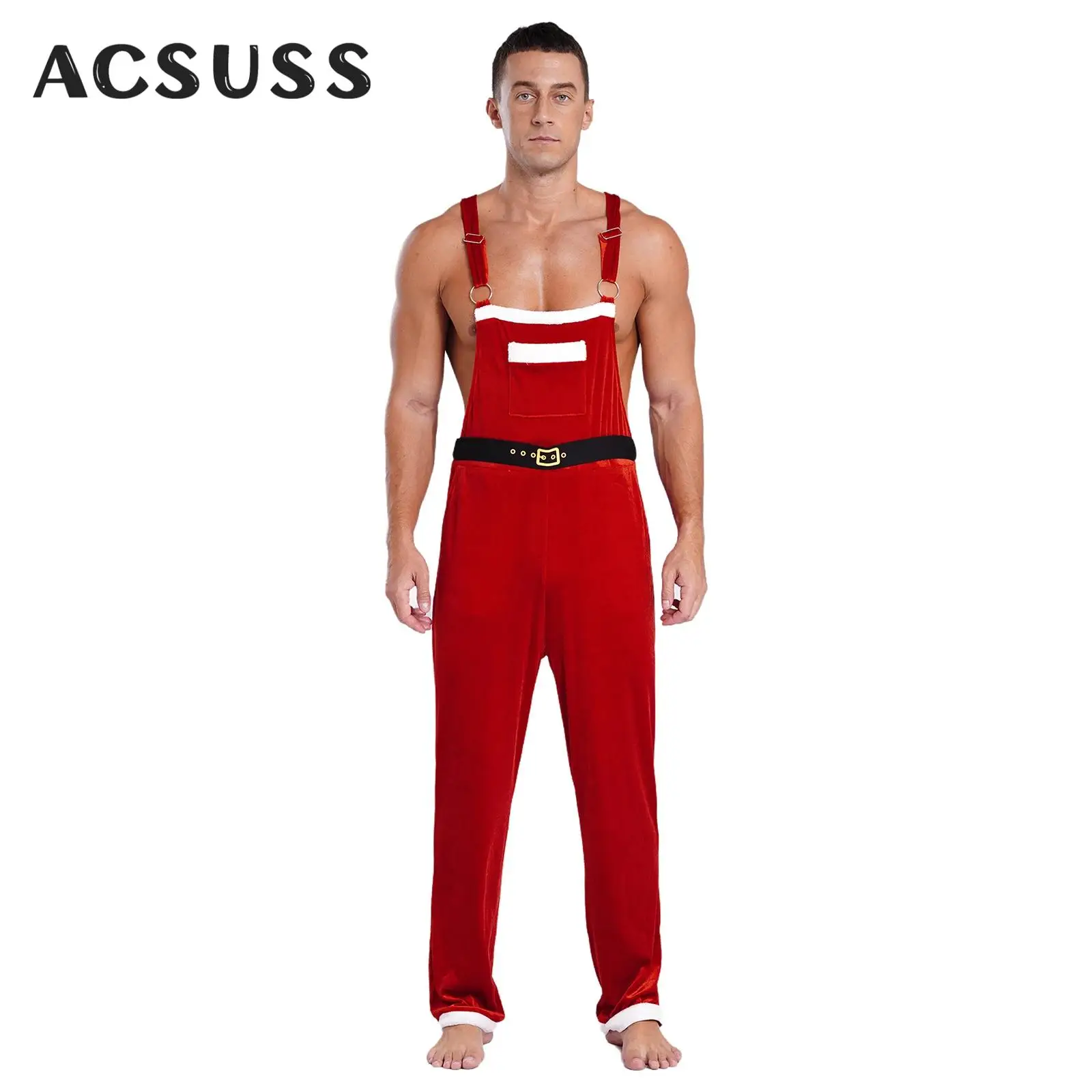 Volwassen Mannen Kerst Bib Overalls Kostuum Kerstman Flanel Jumpsuit Tuinbroek Jarretel Broek voor Kerst Vakantie Party Cosplay