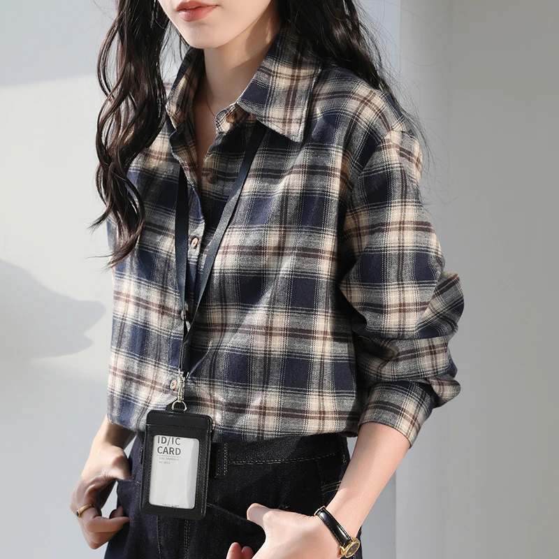 

2026 Spring Loose Casual Long Sleeved Blouse Korean Style Women's Navy Blue Plaid Shirt Lazy Style Brushed Elegant Shirts