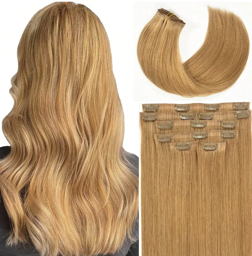 وصلات شعر بمشبك للشعر القصير قطع شعر بشري ريمي بشري حقيقي 8 قطع لكل مجموعة مع 18 مشبك لحمة مزدوجة # 27 أشقر غامق