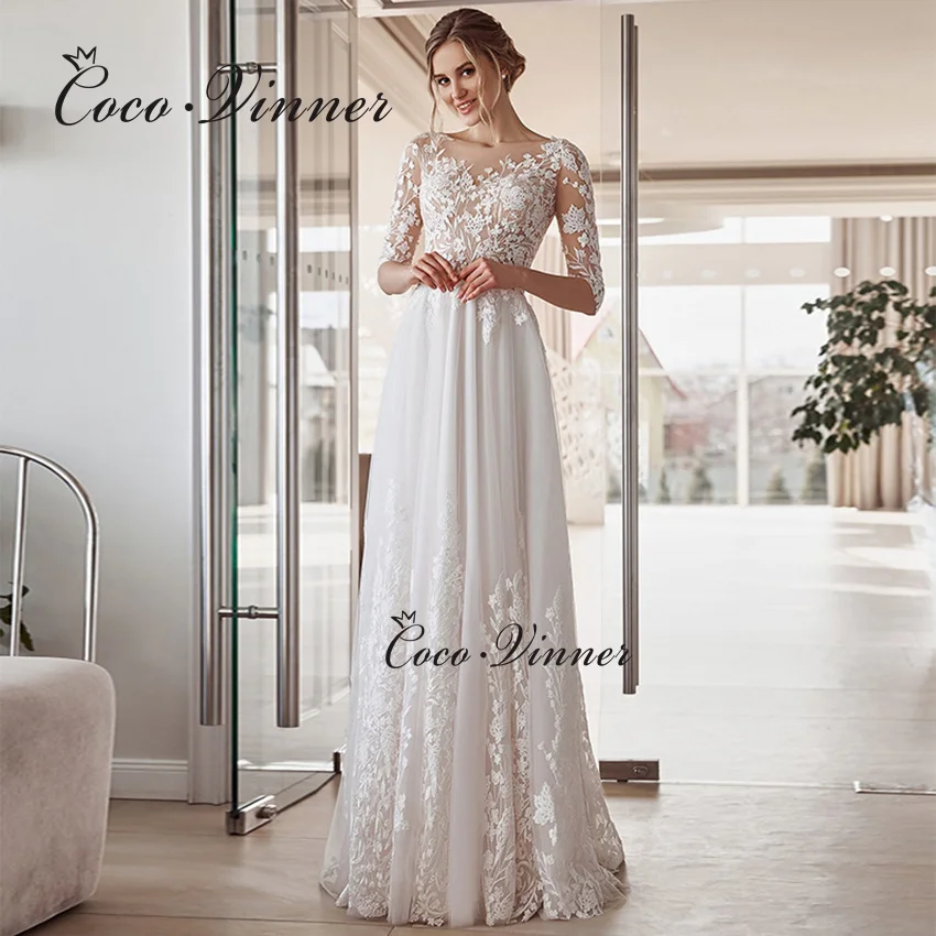 

Customized Boat Neck Half Sleeves Lace Appliques Straight Wedding Dress 2025 Trend Illusion Sleeves Pregant Bride Dresses W1416
