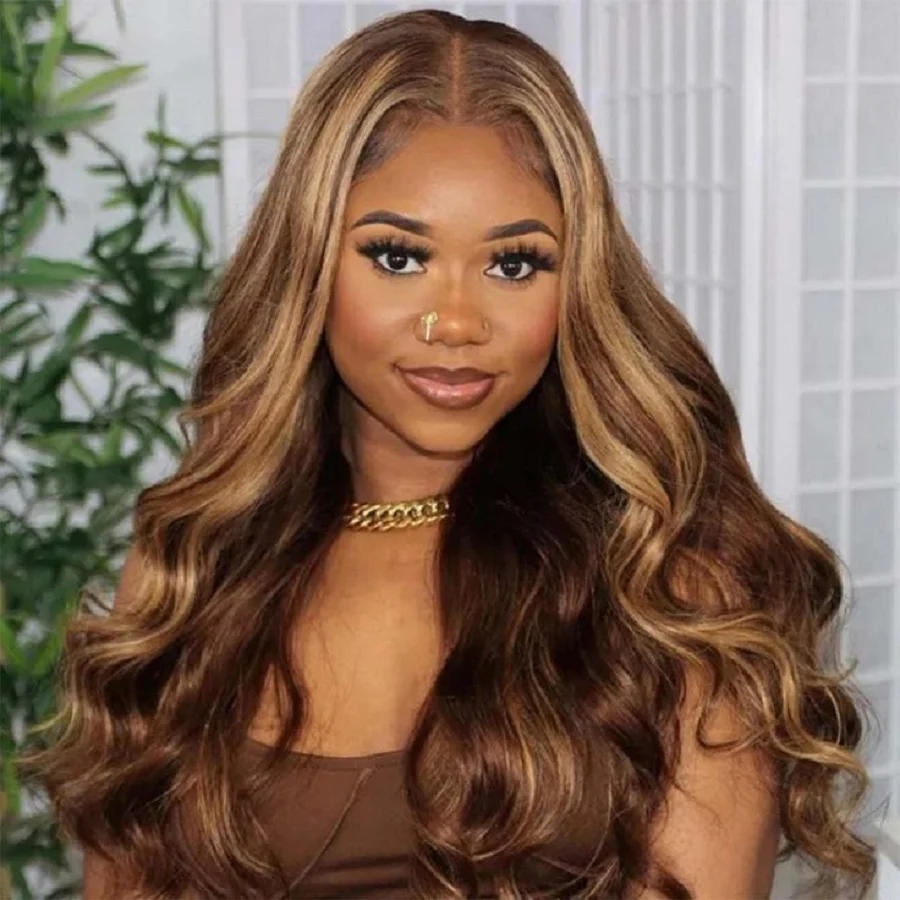 

Soft 180Density26“ Highlight Ombre Brown Body Wave Lace Jewish 5x5 Silk Base European Human Hair Wig For Women BabyHair Glueless