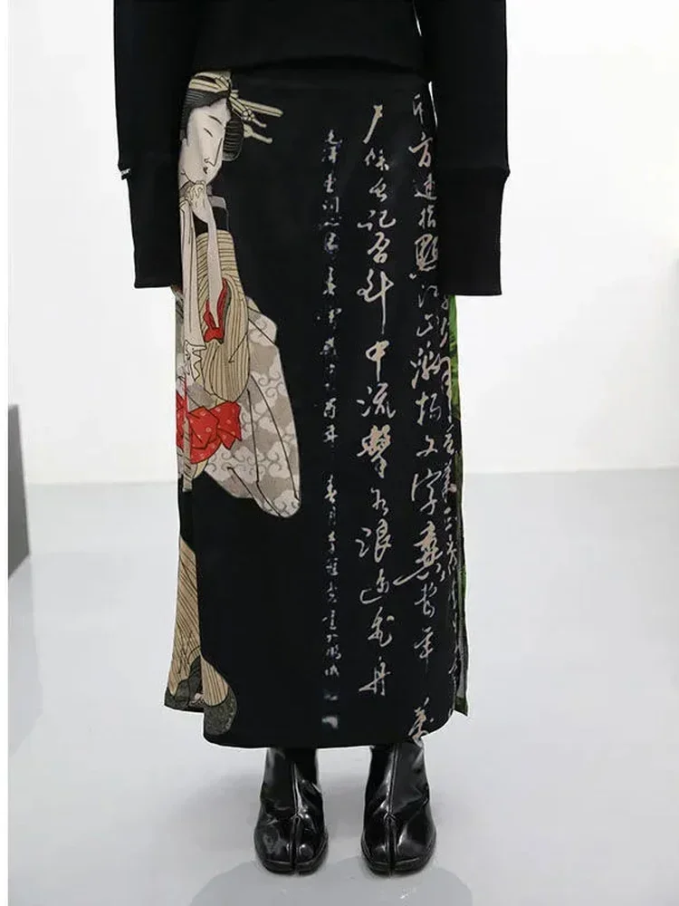 Jupe longue fendue A-Line pour femmes, jupes imprimées noires, Harajuku, Streetwear japonais, Faldas Largas Mujer, Fairycore, 2024