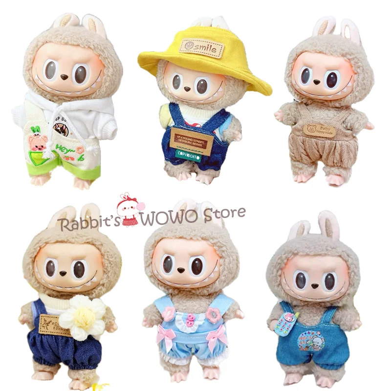 1PC 17cm Labubu Clothes Cute Mini Plush Doll's Outfit Accessories Overalls Dress Hairpin for Labubu Dolls Fans Children Gift