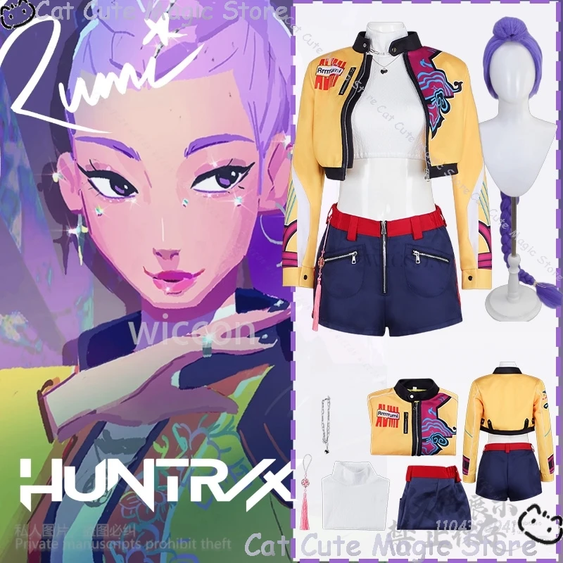 

Аниме Фильм Демон Kpop Girl Group Косплей Руми Пение Желтый Панк Y2K Пальто Короткие Брюки Парик Хэллоуин Вечеринка Cos Comic Con Outfit