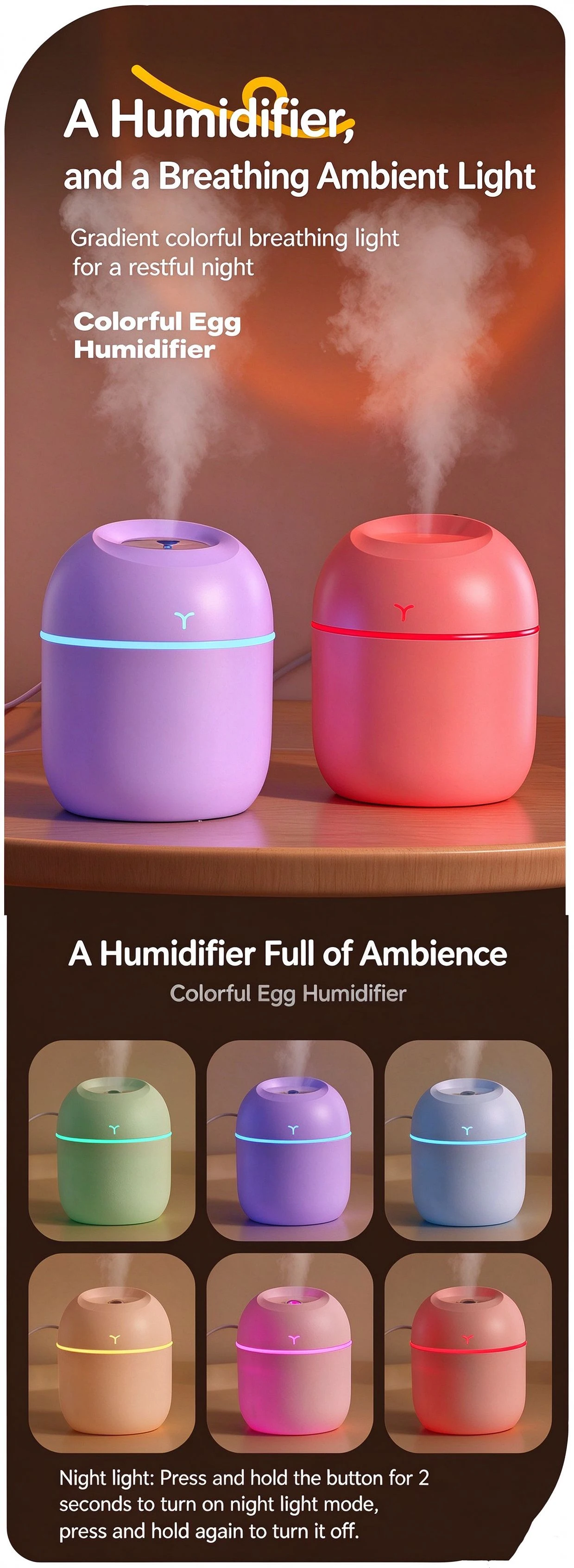 Mini-Luftbefeuchter, tragbarer USB-Luftbefeuchter mit kühlem Nebel und Nachtlicht, 220 ml, ultra-leiser Aroma-Diffusor für Schlafzimmer, Zuhause und Büro. – Detail 3