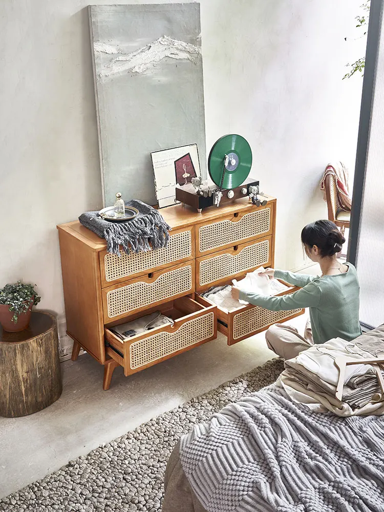 Vintage solid wood six bucket cabinet, small unit, white wax wood rattan storage cabinet, drawer, storage cabinet