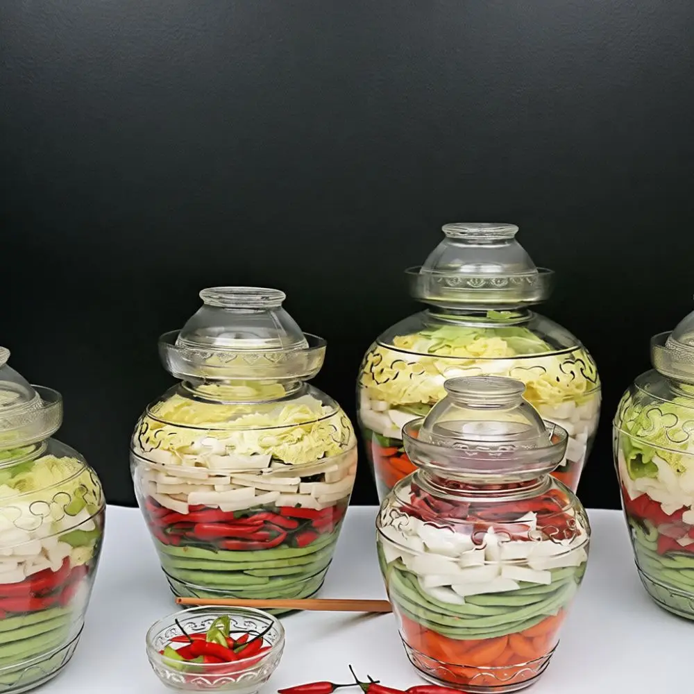 Traditional Water Seal Kimchi Fermentation Crock Thickened Glass Jar Transparent Pickling Container Home Kitchen Storage Box