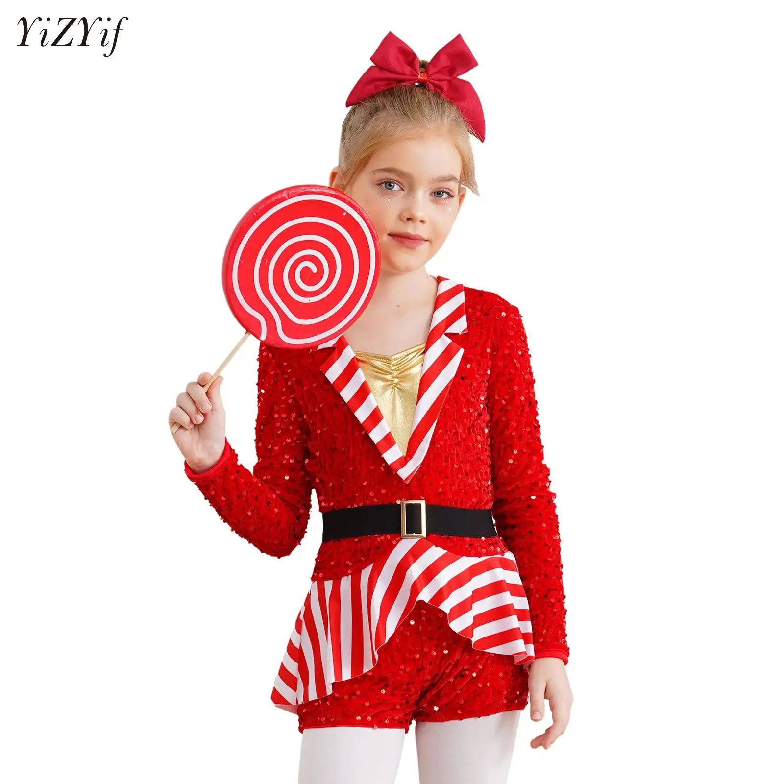 

Girls Candy Cane Christmas Dance Bodysuit Jumpsuit Unitard Dress Long Sleeve Stripes Sequins Santa Helper Costume Dancewear