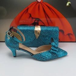 2024 New arrival fashion Teal Blue Crystal Women wedding shoes with matching bags Peep toe High Pumps Open Toe shoes and Purse