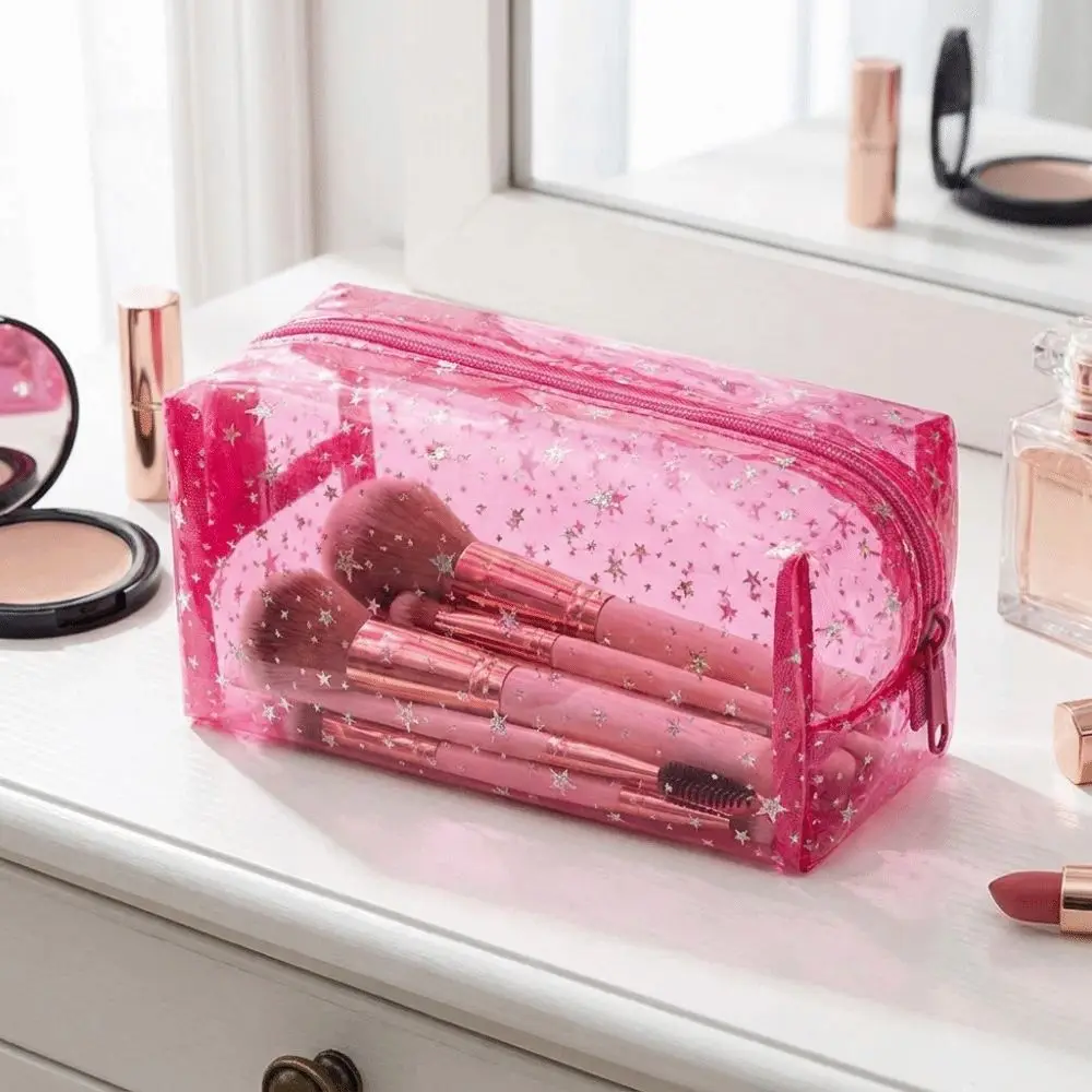 PVC Waterproof Transparent Makeup Bag Stars pattern Glitter Women's Washbag Smooth zipper with Handle Clear Travel Sack