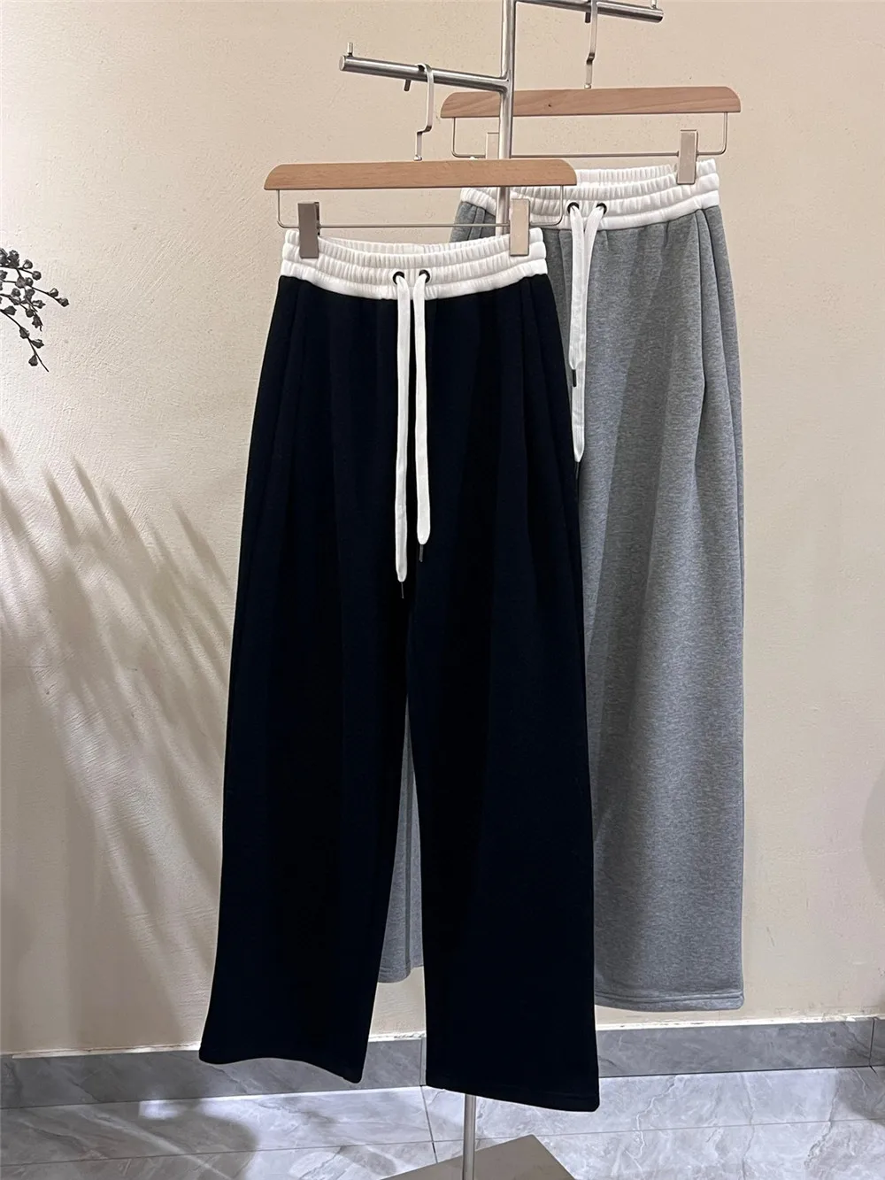 B*C New Women's Beaded Padded Casual Trousers Elastic Waist Loose Fit Sweatpants Female Straight-Leg High Waist Pants