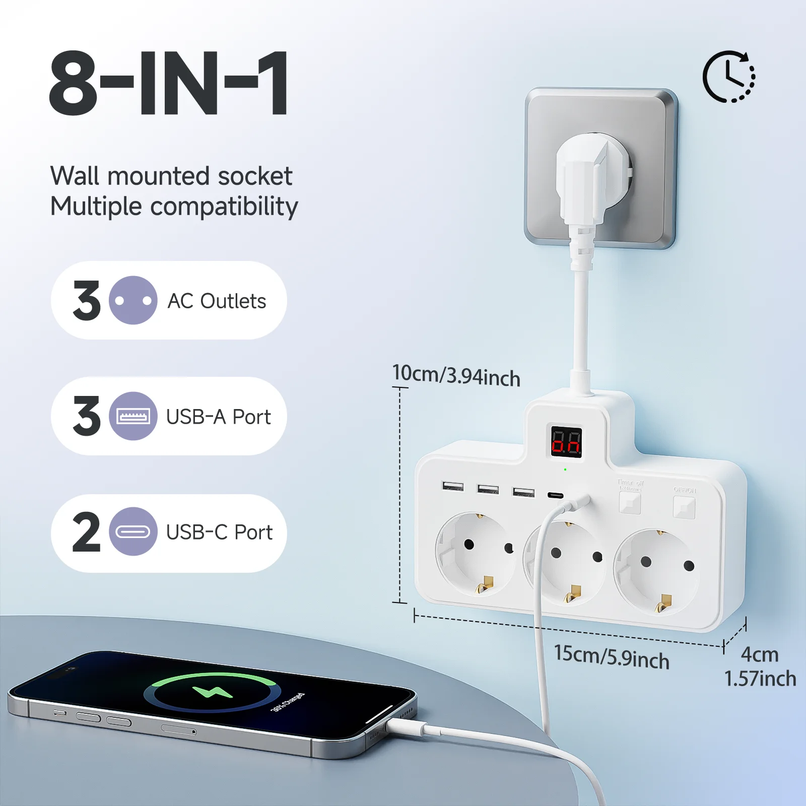 8-in-1 EU V-shaped power strip, short extension power board, timed-off power station, with a function of setting timed-off socke