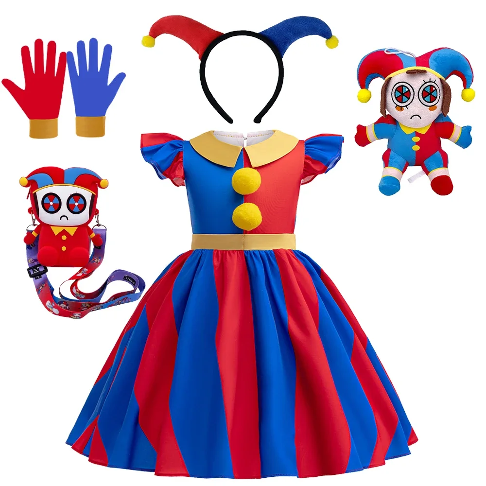 

Halloween Amazing Digital Circus Pomni Cosplay Costume Carnival Fancy Red Blue Clown Dress Up Disguise Joker Headwear