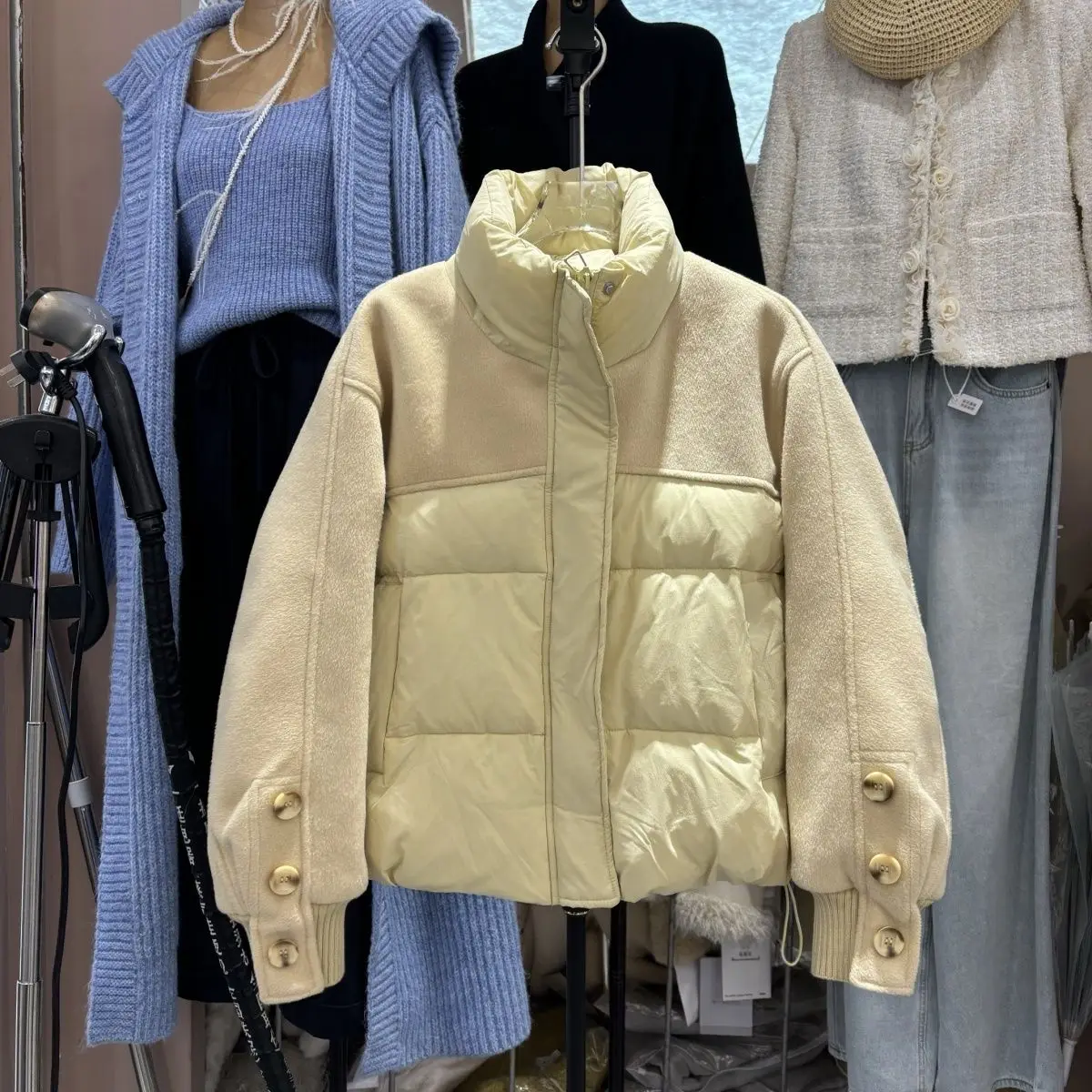 가을, 겨울 새로운 여성 다운 재킷 통근 모직 접합 스탠드 업 칼라 짧은 재킷