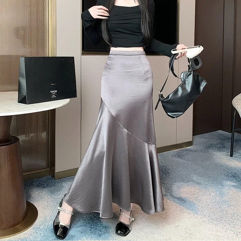 

Maxi Patchwork Women's Skirt Long Silk Female Skirts High Waist Satin Premium Harajuku Streetwear Luxury Elegant Stylish V Cheap