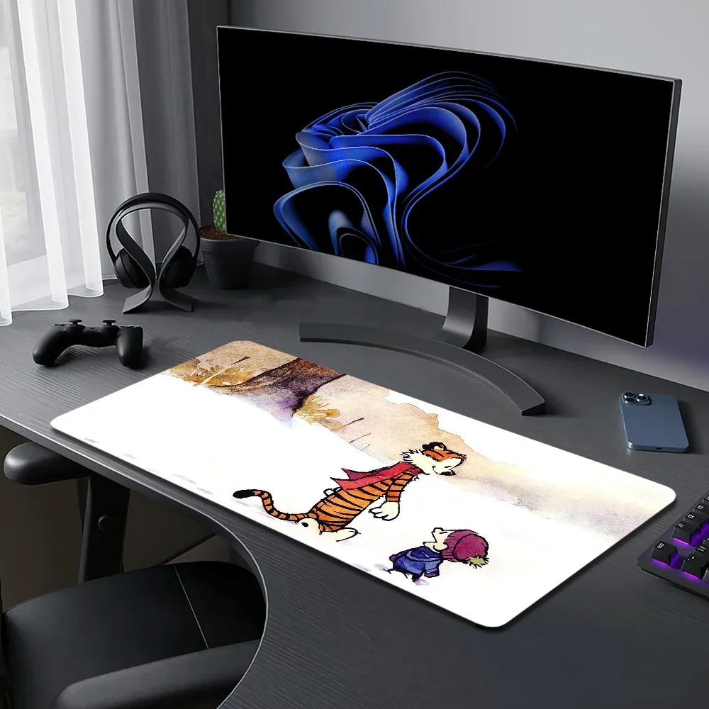 Calvin en H-Hobbes Leuk voor pc Grote muismatten Bureau-gamingmuismat Gestikte randen Antislip rubberen basis Verlengde muismatten
