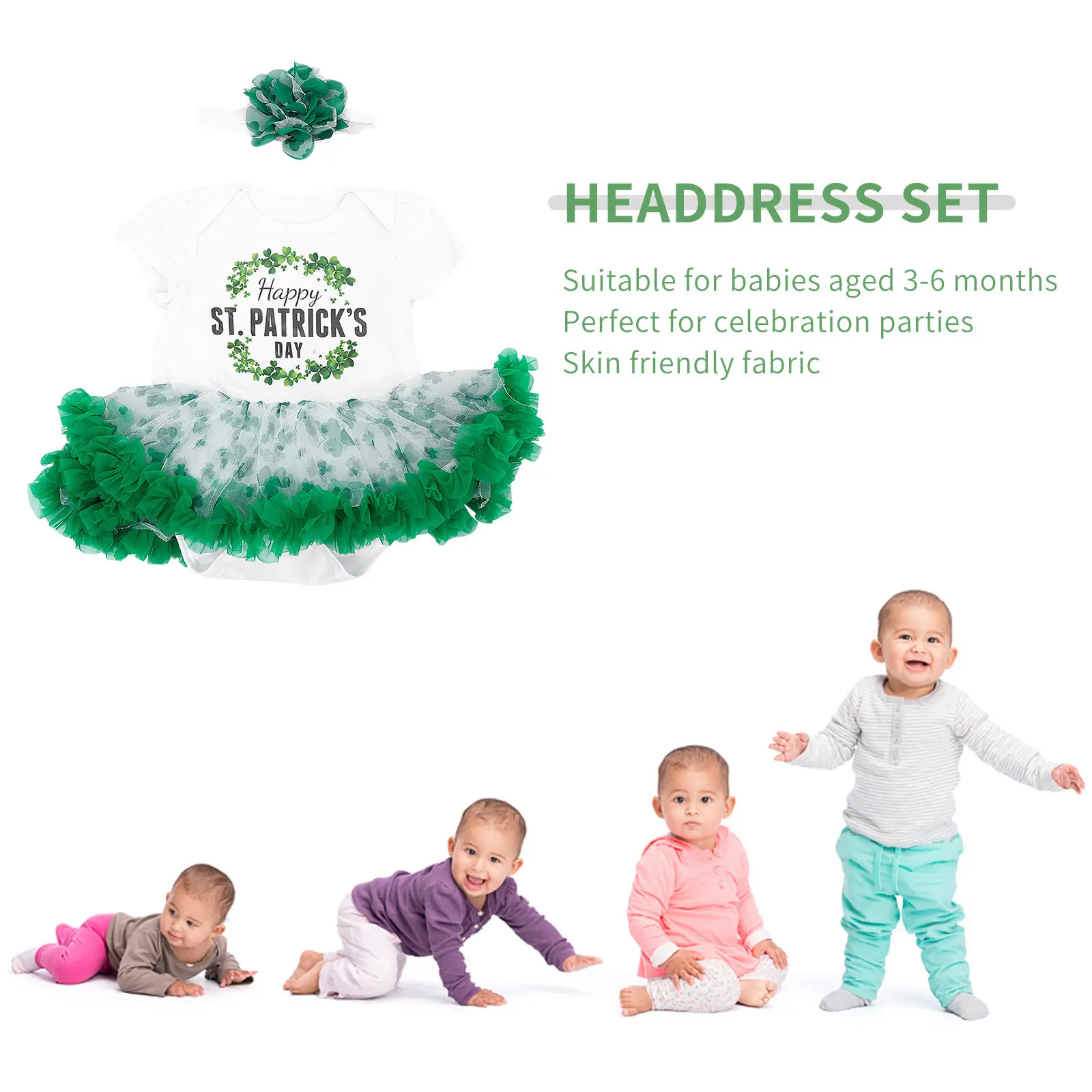1Set Cartoon Letter Clover Skirt Children Gauze Tutu Skirt Kids Costume Dress Breathable Party Outfit Green St Patricks Day