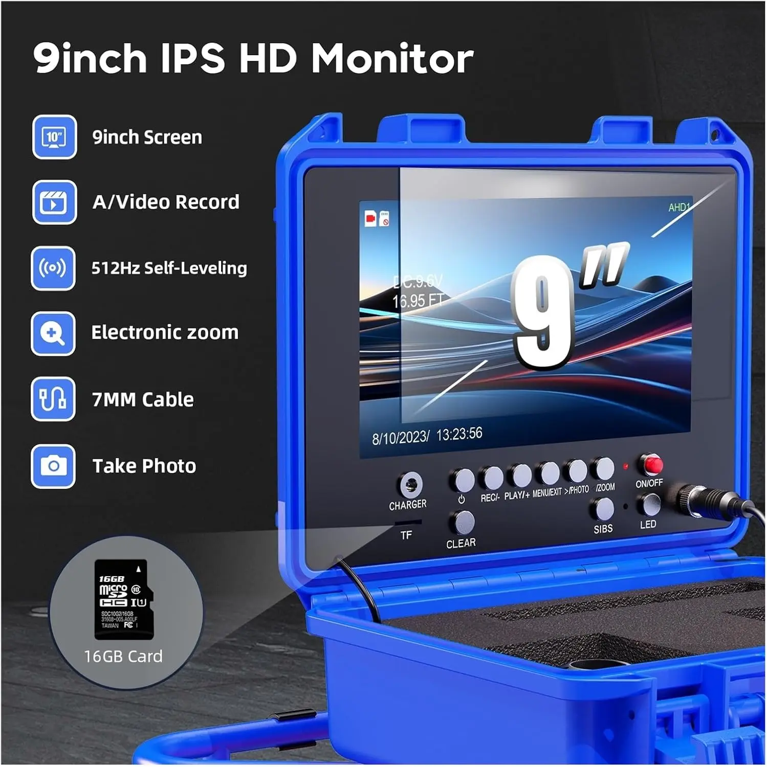 1080P AHD Sewer Camera Auto Self-Leveling, Pipe Camera 9' IPS with 512Hz Transmitter Meter Counter 20-50M Inspection Endoscope