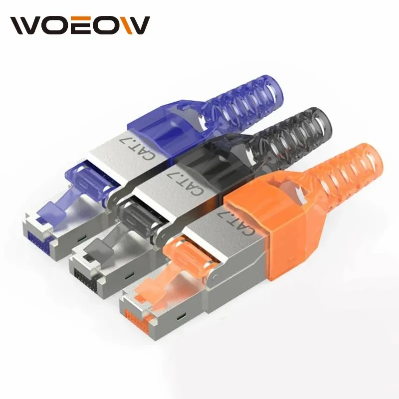 WoeoW Tool-Free Blindados Conectores RJ45, Terminação Plug Connector, Zinc Alloy Metal Housing, Cat6A, CAT7, CAT8, 1Pc