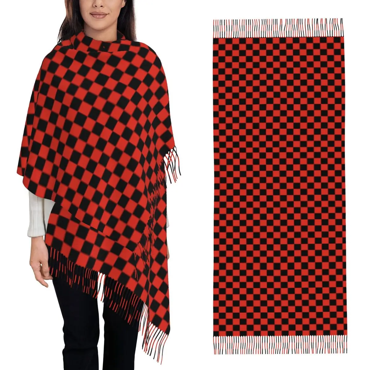 

Черный и красный двухцветный шашевый шарф с кисточками, женские мягкие теплые шали и накидки, длинная осенне-зимняя шаль, накидка