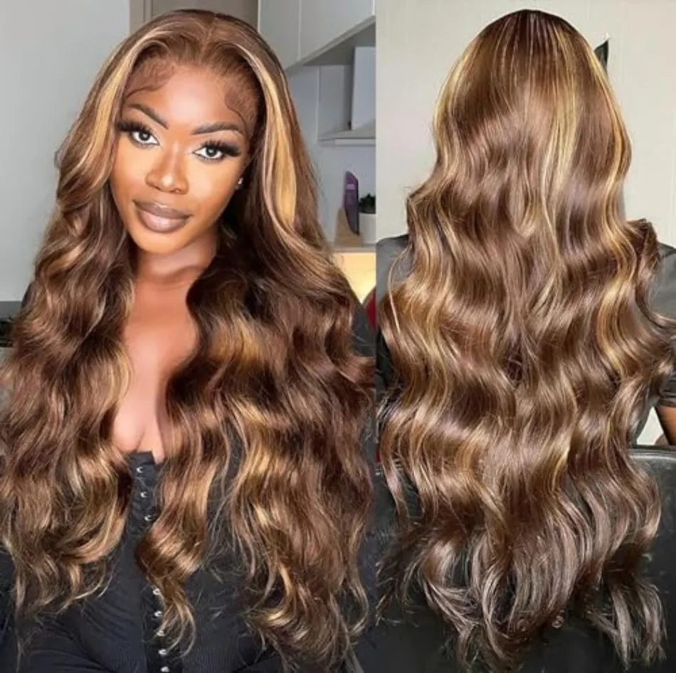 

427 Highlight 13X6 Lace Frontal Wig Human Hair HD Transparent Lace With Baby Hair 250% Density Body Wave For Black Women 38 Inch