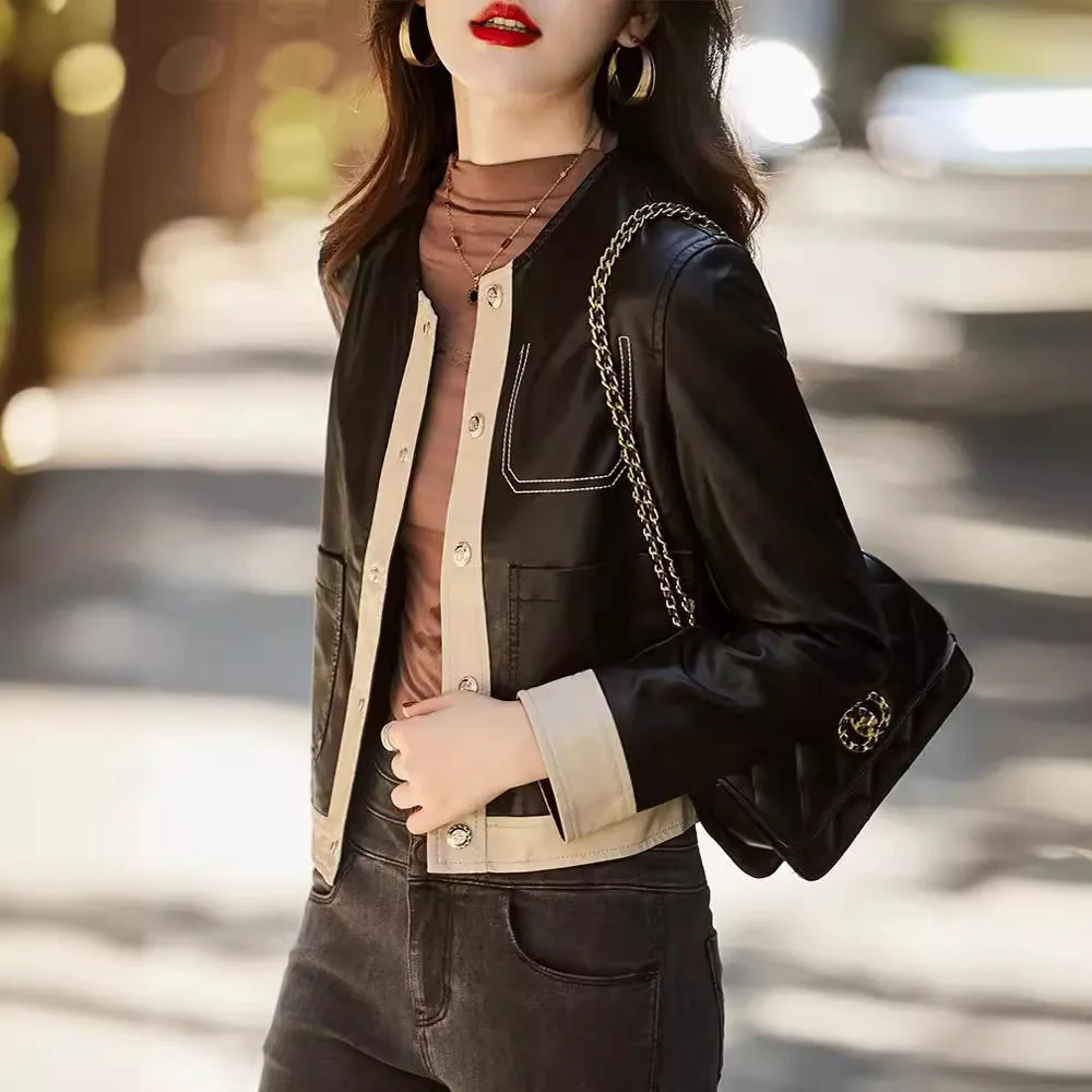 Manteaux en Faux cuir pour femmes, veste courte épissée, col rond, manches longues, simple boutonnage, ample, élégant, décontracté, automne hiver 2025
